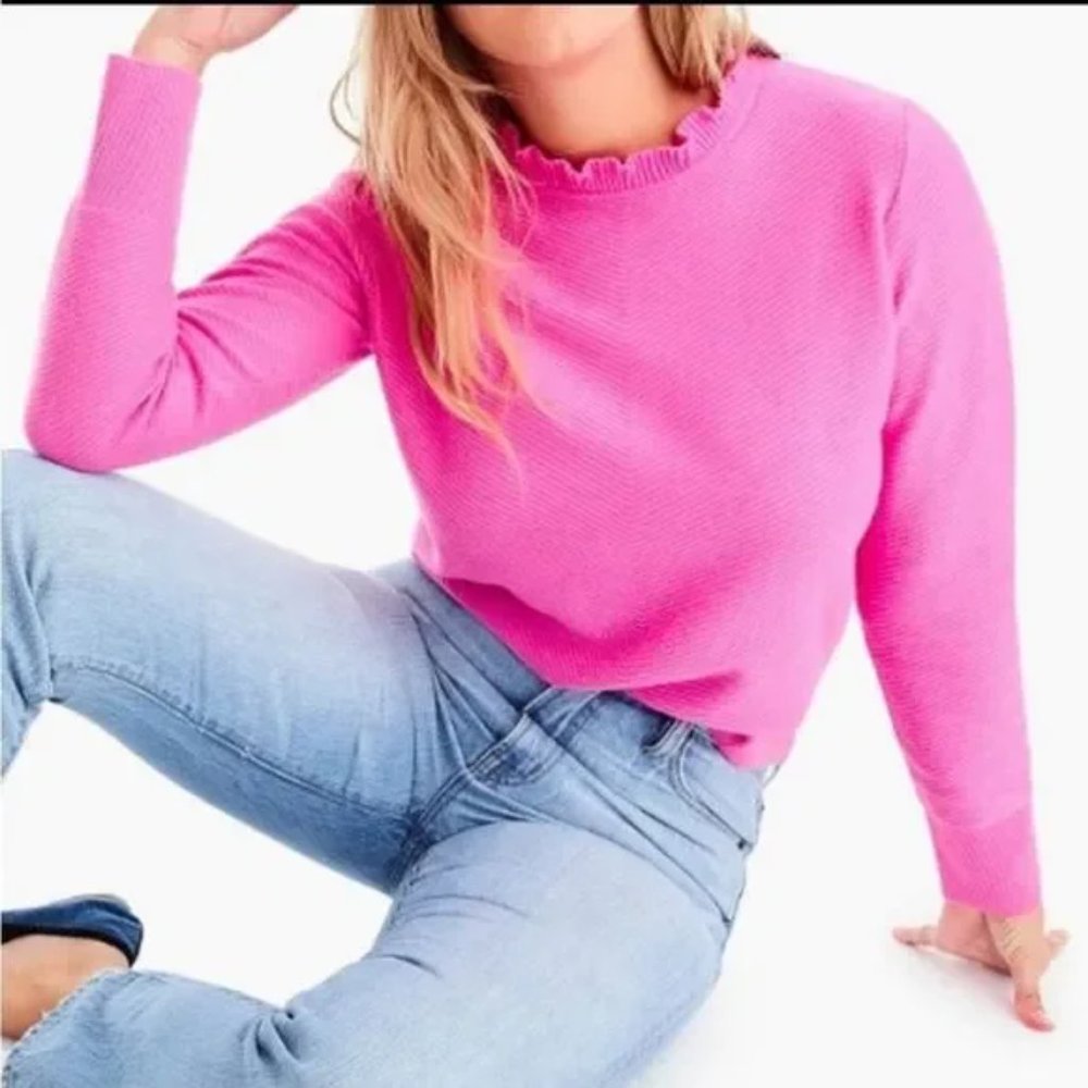 Jcrew ruffle neck sweater - barbie pink
